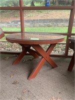 RED WOOD CHAIR AND GLASS TOP RED WOOD TABLE