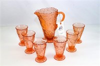 Indiana Glass Pink Pear Pitcher with 6 Drinking