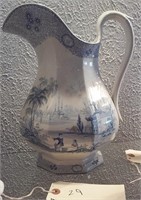 Large antique blue willow octagonal pitcher