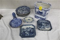 12pc Blue/White Plates, Salt & Pepper, Planter,