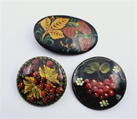 3 Hand Painted Russian Lacquer Brooches Signed