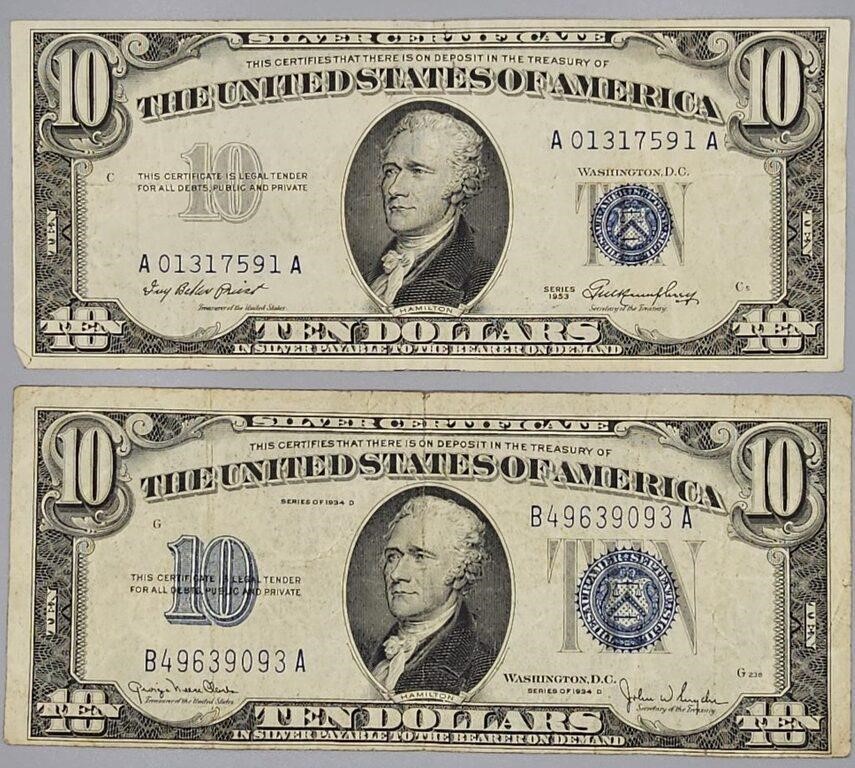 1934 & 1953 US $10 Silver Certificates - Fair