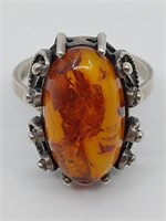 German Art Deco .835 Silver Amber Ring