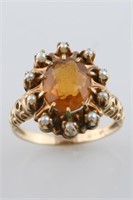 10k Yellow Gold, Citrine and Seed Pearl Ring