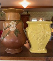 Two antique flower vases, a yellow McCoy flower