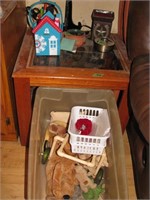 Pair of Glass top, oak lamp tables w/contents