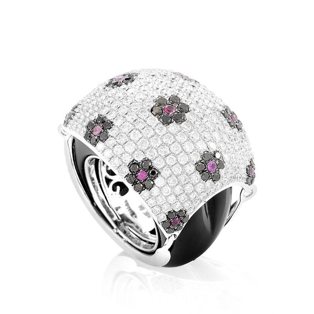 18K White Gold Floral Gemstone Pave Dome Ring