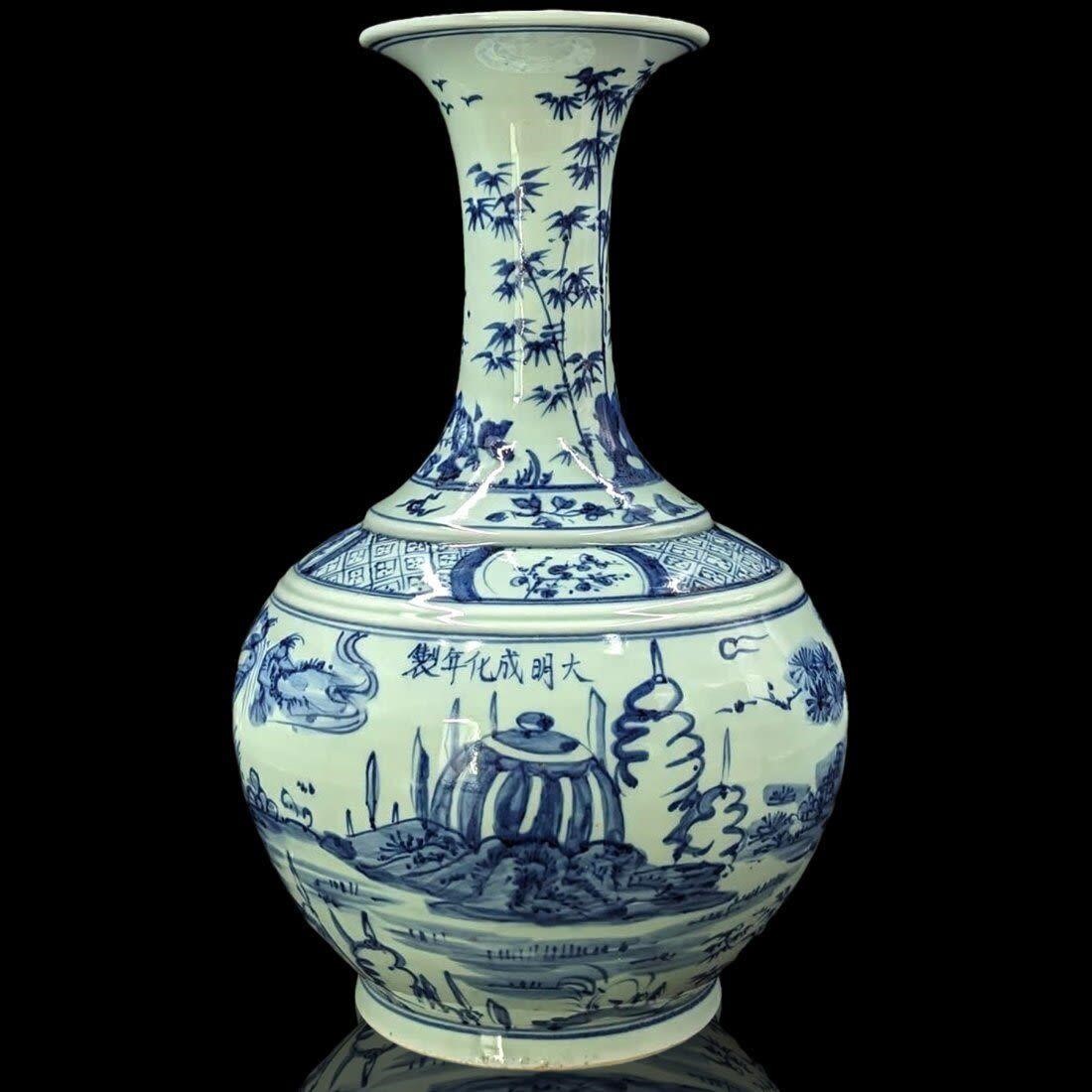Chinese Blue And White Scenic Porcelain Vase With