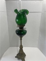 Tall Green Glass Oil Lamp with Metal Base, 36 "