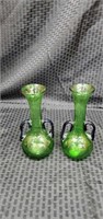 Two Vintage Unique Green Glass Vases
