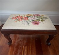 Antique Floral Needlepoint Wood Footstool Small