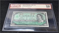 1967 Canadian 1 Dollar Bank Note BCS Graded 58