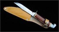 Vtg Stag Horn Handled Knife & Sheath Japan - 7.5"
