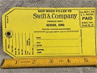 Swift & Co. Keokuk, Iowa Shipping tag