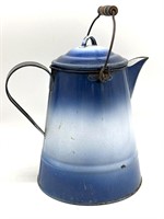 Blue and White Enamel Coffee Pot 11.75”
