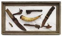 OLD WEST SHADOW BOX, BOWIE KNIVES, GUN PARTS