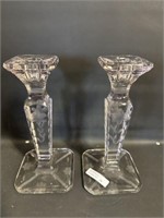 Vtg Pair of  Heavy Etched Crystal Candle Holders