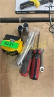 Tape Measure, Sockets, Screw Drivers, Misc.