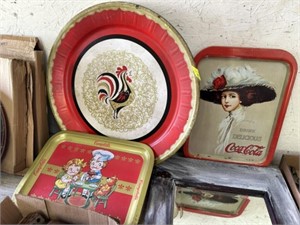 3 decorative tins: rooster, CocaCola, Campbell's