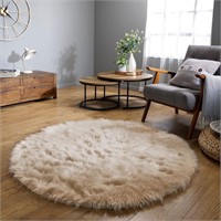 Latepis 5ft Round Beige Faux Fur Rug, 5 x 5 ft