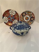 2 Oriental Chargers & Blue and White Tureen