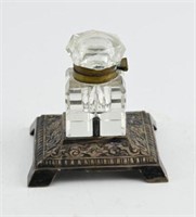19th Century glass decorated inkwell with metal