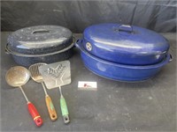 Enamelware roaster and slotted spoons