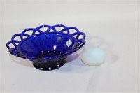 Imperial Blue Glass Candy Dish w Frosted Glass Egg