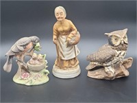 (3) Porcelain Figurines: Owl, Old Peasant Lady, +