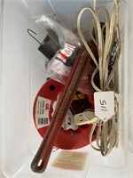 Tote of Assorted Electrical, Pipe Wrench etc.