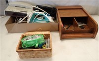 (2) CLOTHES IRONS, TELEPHONE CLOCK RADIO, SEWING