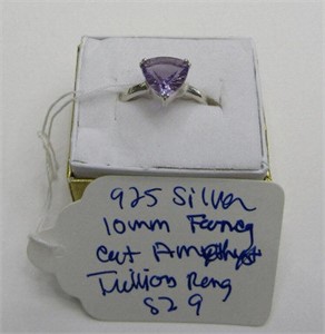 925 Silver 10mm Trillion Cut Amethyst Ring Sz 9