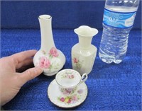 mini bone china cup-saucer set & 2 vases