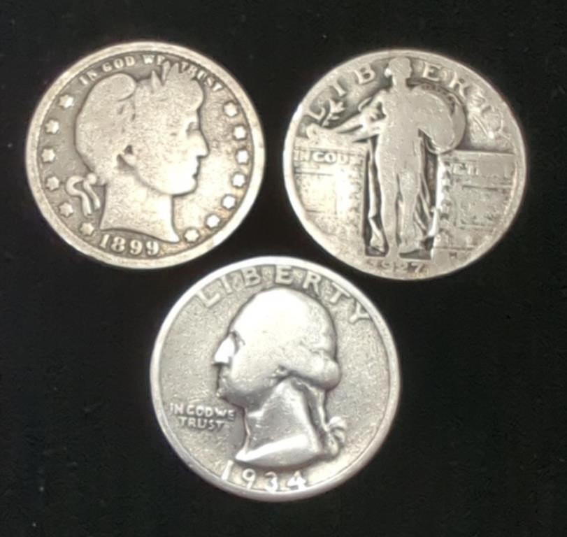 Set of 3 US Silver Quarters, 90% Silver 1899