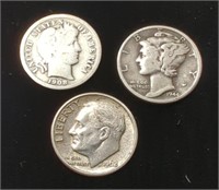 Set of 3 Silver Dimes, 90% Silver, 1908 Barber,