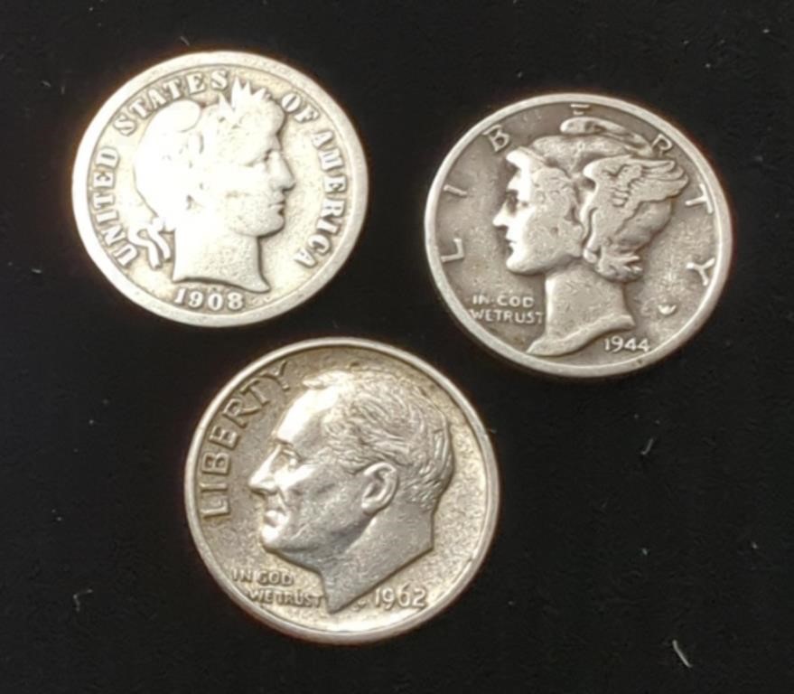 Set of 3 Silver Dimes, 90% Silver, 1908 Barber,