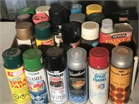 Lot of spray paints, enamels, cleaners, and more.
