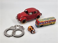 TIN BUS & DOG, REPRODUCTION CAST IRON VW, HANDCUFS