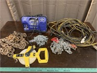 Chains, ext. cords, air compressor, & tape measure