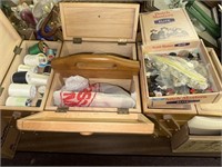 Wood sewing box w/ contents & Cigar box w/ buttons