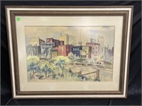 Framed City Scape Watercolor not signed