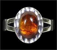 Sterling silver oval cabochon amber ring, new,