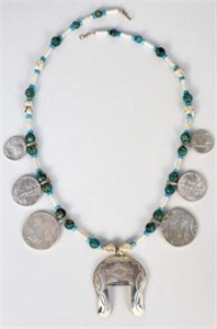 American Indian Style Necklace w/ Silver Coins.