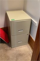 2 drawer metal file cabinet, top drawer bent