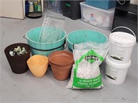 LOT OF GARDENING SUPPLIES WITH LARGE WOOD PLANTERS