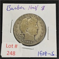 1908-S Barber Silver Half Dollar
