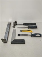 lot of tools- hammer, measuring tape, screw