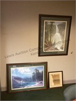 Three framed prints, 2 large prints, one small