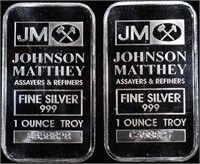 (2) 1 OZ .999 SILVER JOHNSON MATTHEY BARS