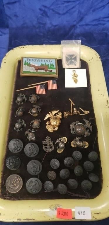 Tray Of Assorted Military Bottons, Pins, Browning